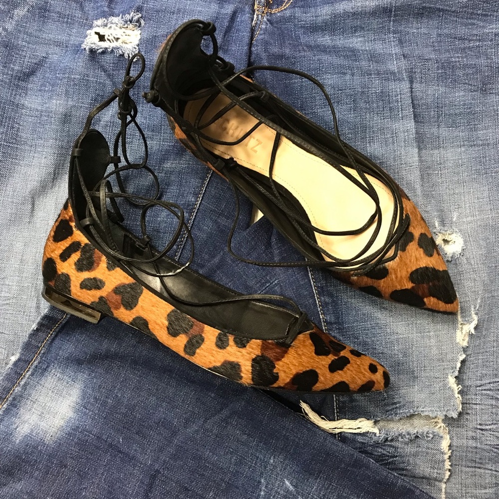 Schutz Lace Up leopard calf hair flat sz 6.5